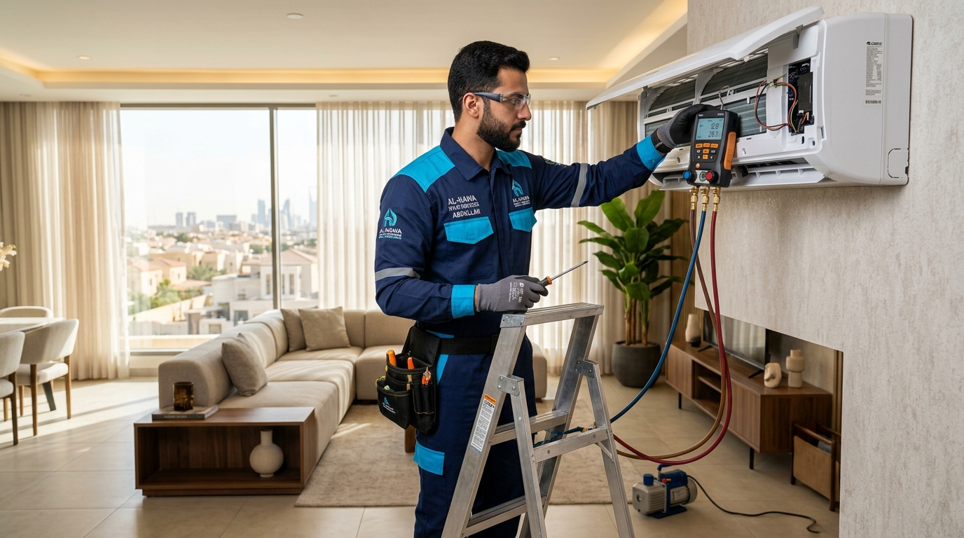 AC Technician servicing unit in Riyadh